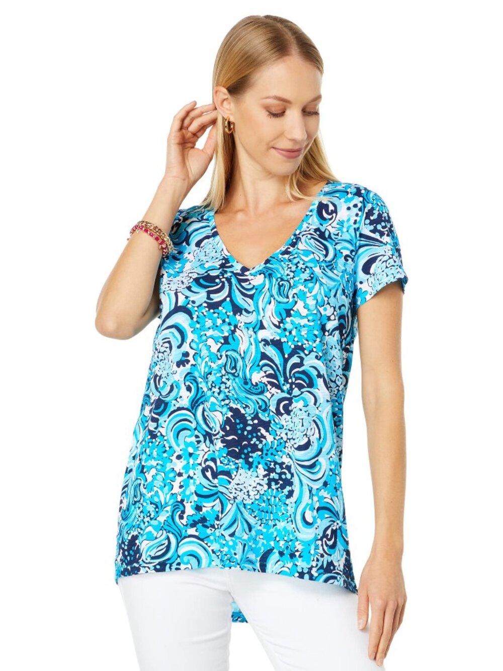 Lilly Pulitzer Etta V-Neck Short Sleeved T-Shirt Mermazing Resort White XXS
